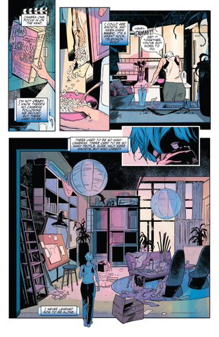 Doctor Mirage puttering around her magically-cloaked home.